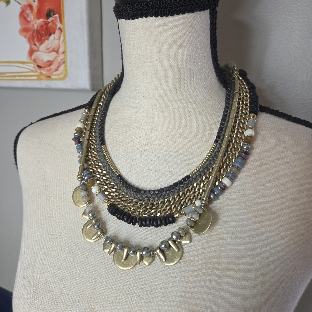 stella & dot colette statement necklace bib layered beaded gold tone grey blue